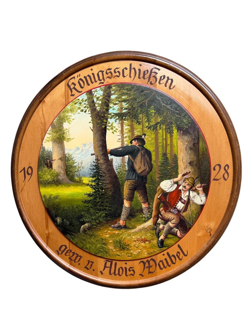 1928 German Painted Shooting Target with Bullet Holes, Signed Rudi Farday