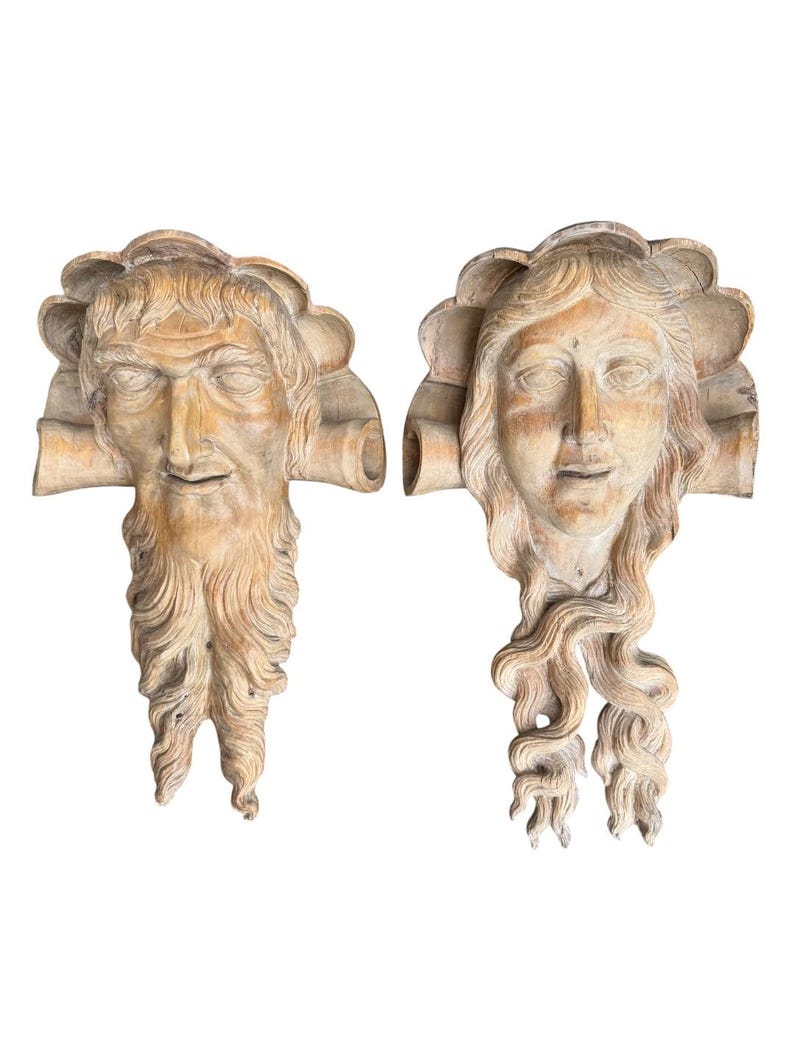 Pair of Antique German Carved Wood Heads, Dionysus and Bacchus
