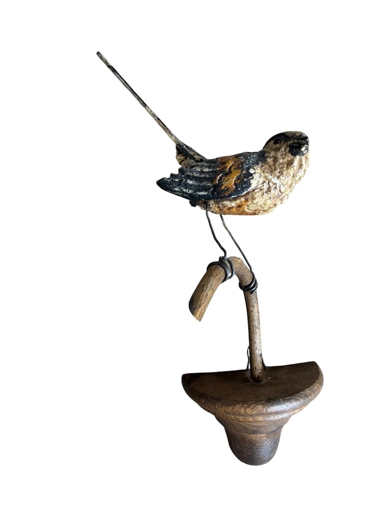 Austrian Folk Art Carved Wood Wren, 7.75 Inches, 1930s