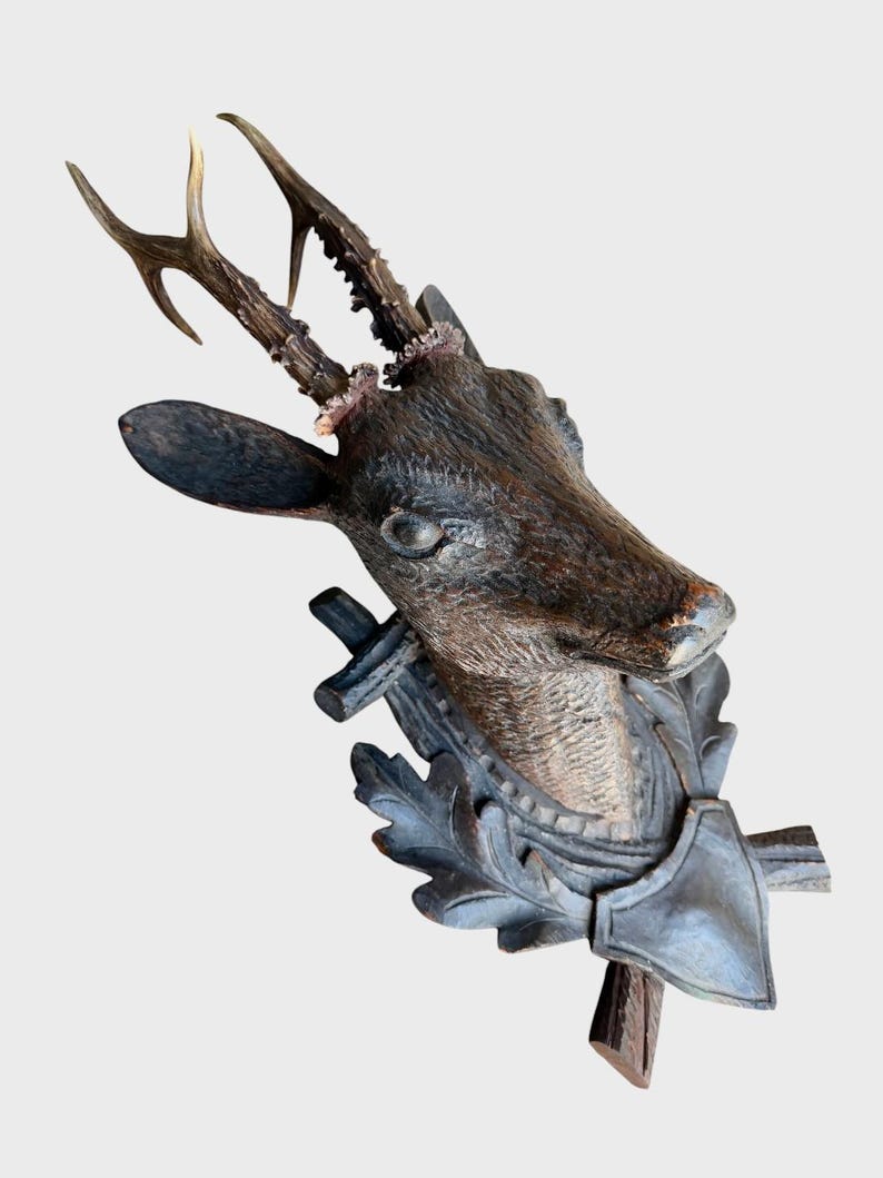 Black Forest Hand-Carved Wood Deer Head with Real Antlers