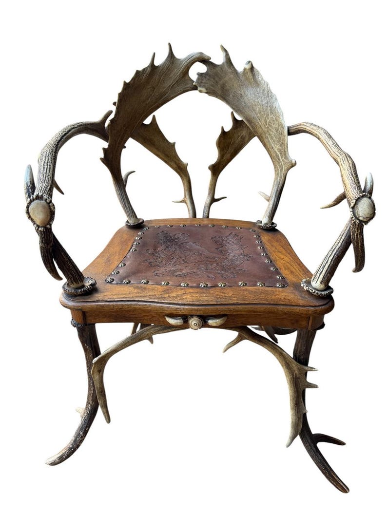 German Antler Chair with Leather Seat, Rustic Trophy-Style Armchair