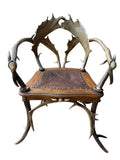 German Antler Chair with Leather Seat, Rustic Trophy-Style Armchair
