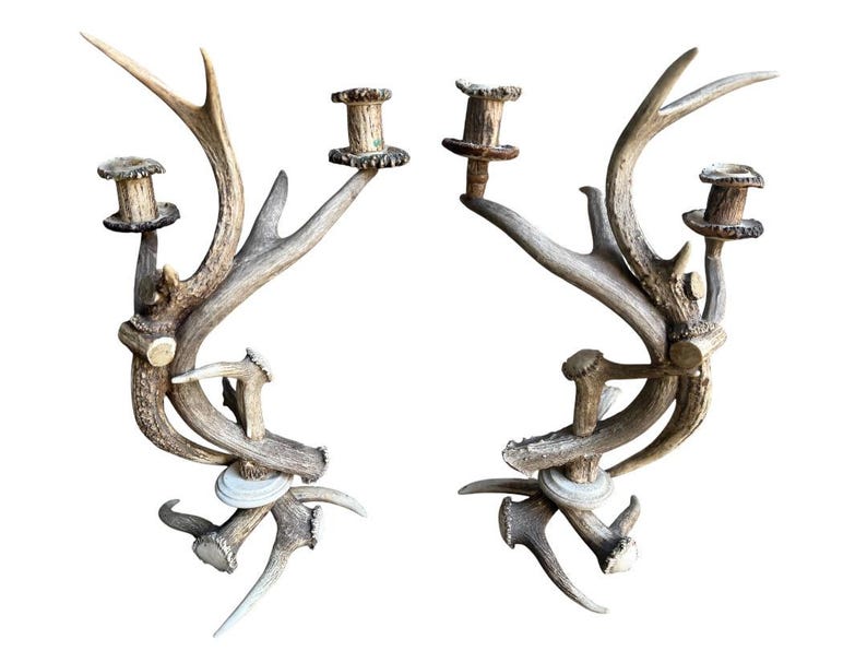Pair of Black Forest Antler Candelabras, Rustic Alpine Candle Holders