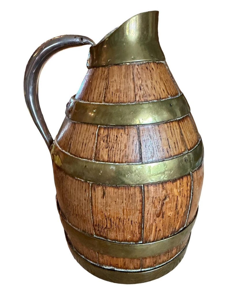 Vintage French Oak and Brass Banded Pitcher, 1900s
