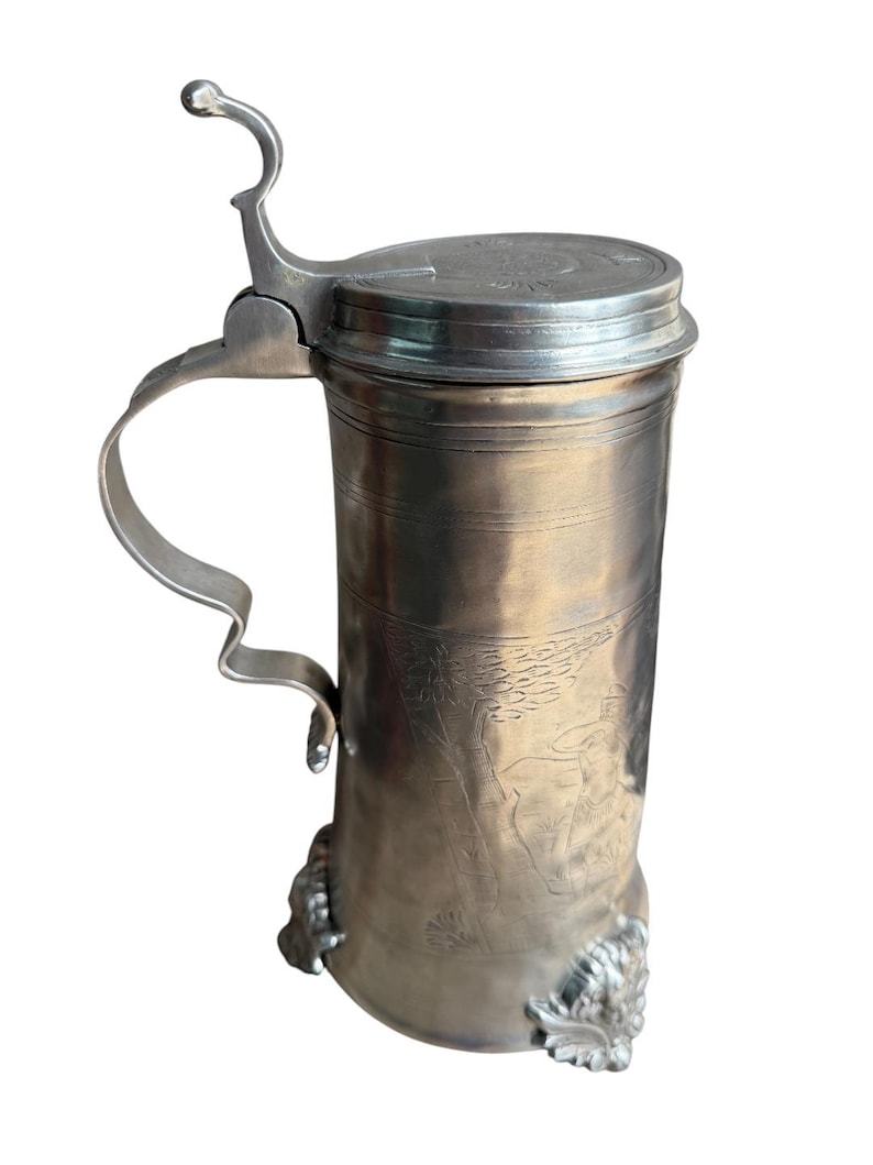 1970s Pewter Stein with Hunting Scene, Hunter and Deer