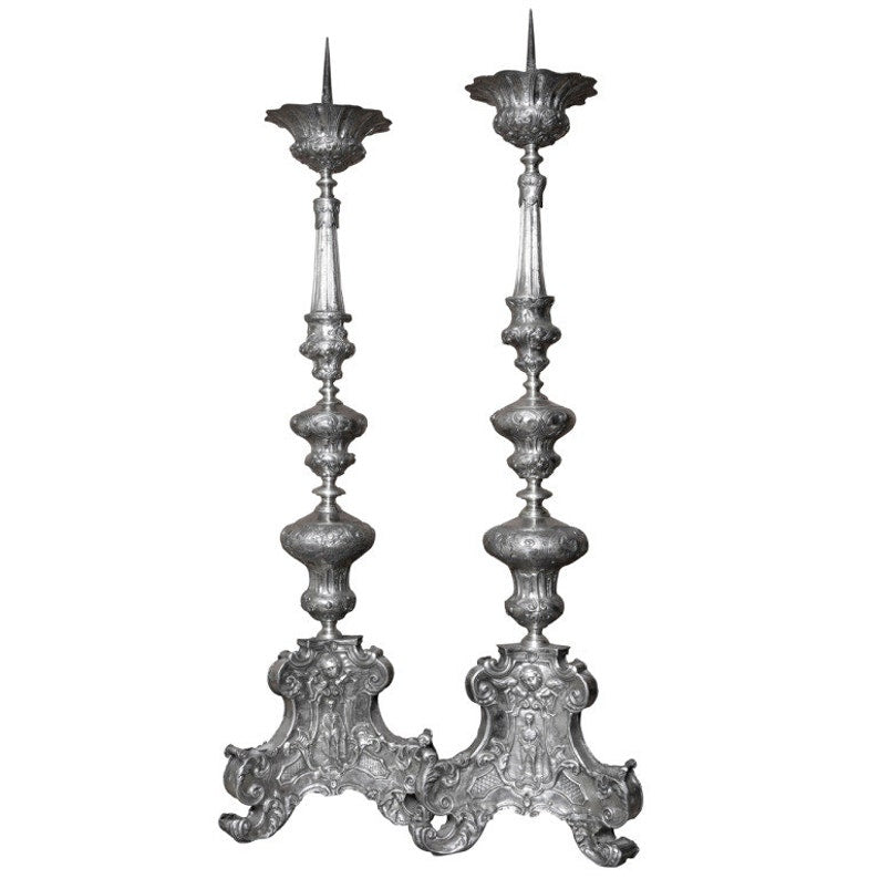 Pair of 16th/17th Century Silver over Copper Altar Sticks