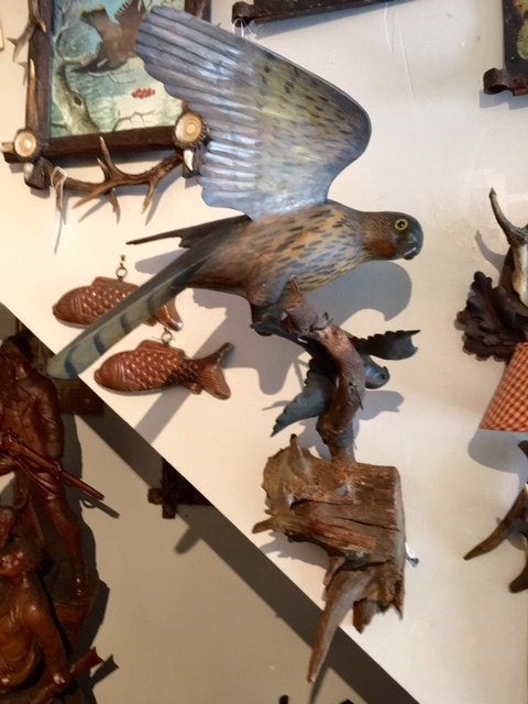 Wood Carved Hawk with Prey Austrian Carving Folk Art