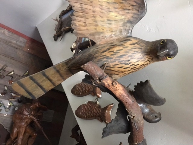 Wood Carved Hawk with Prey Austrian Carving Folk Art