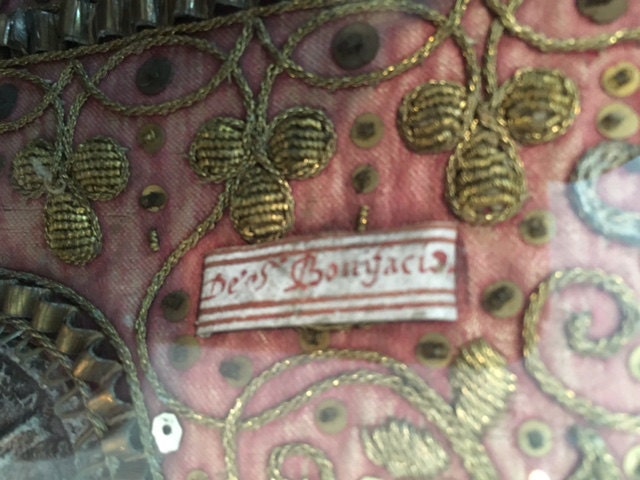 18th Century Austrian Reliquary Cloth, Saint Relics, Gold Thread Embroidery