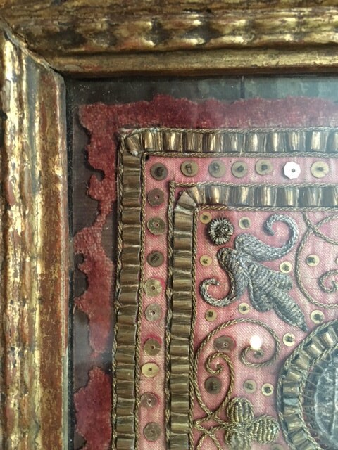 18th Century Austrian Reliquary Cloth, Saint Relics, Gold Thread Embroidery