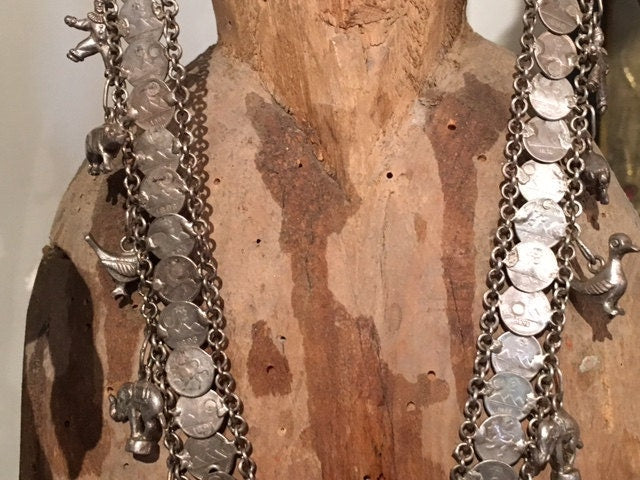 Antique Guatemalan Coin Necklace, 1800s Silver Coins, 25 Animal Charms