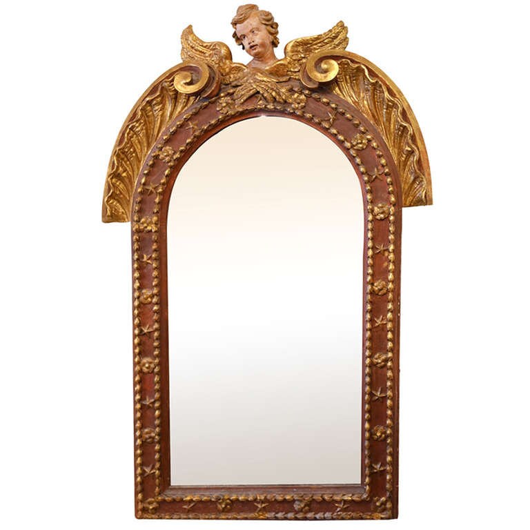 18th Century Large Carved Putti Cherub Angel Mirror, Gessoed Frame