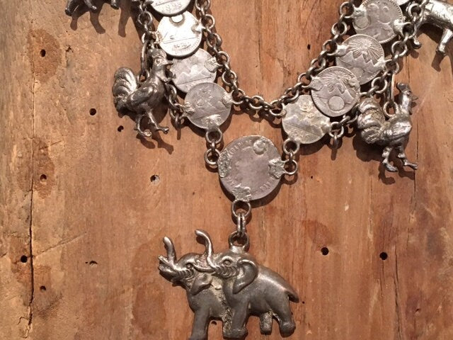 Antique Guatemalan Coin Necklace, 1800s Silver Coins, 25 Animal Charms