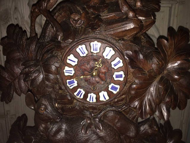 Large Swiss Black Forest Wood Carved Clock