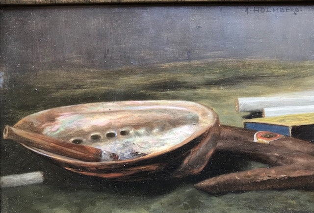 Oil Painting on Board, Still Life Tobacciana, August Johann Holmberg, Signed