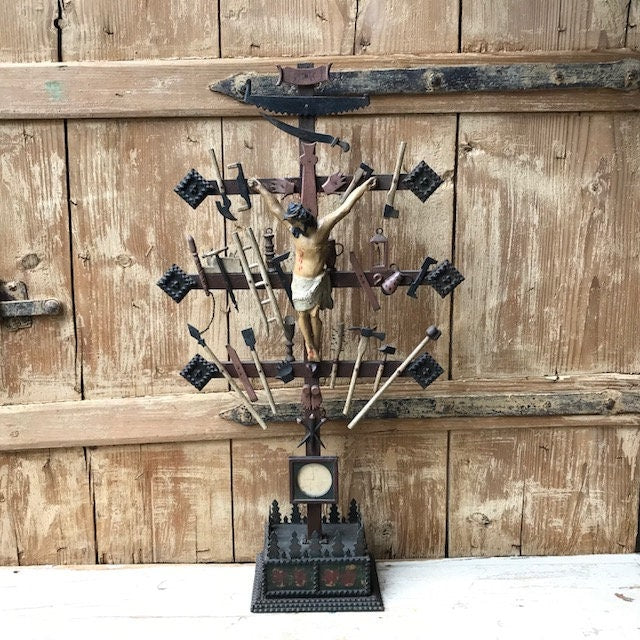 Outstanding Arma Christi Crucifix, Bavarian Folk Art Wood Carving