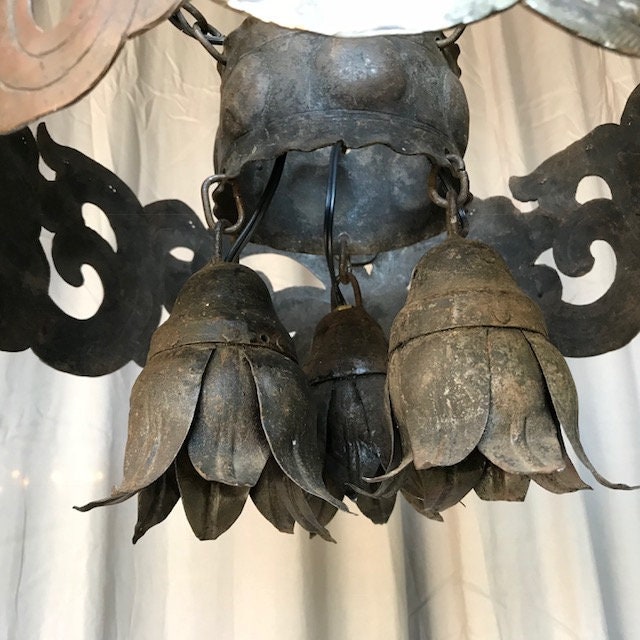 Swedish Iron Chandelier with Petal Bells, Rustic Entryway Lighting