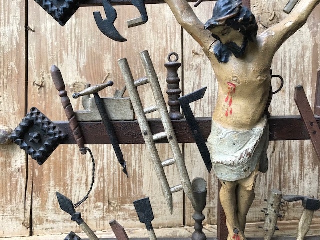 Outstanding Arma Christi Crucifix, Bavarian Folk Art Wood Carving
