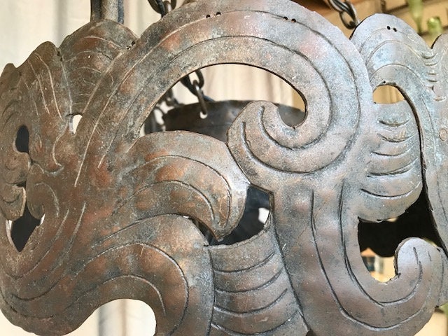 Swedish Iron Chandelier with Petal Bells, Rustic Entryway Lighting