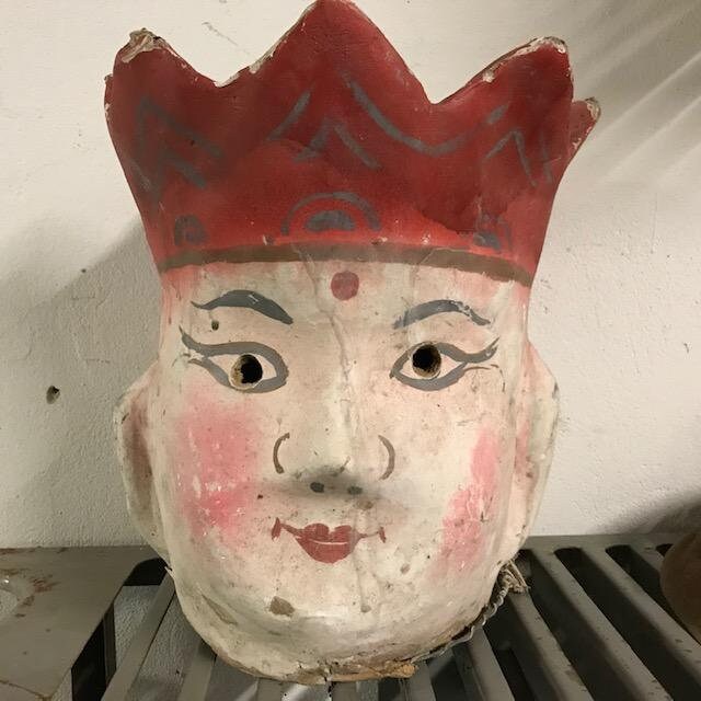 Pair of Antique Chinese Paper Mache Carnival Masks with Wax Makers Mark