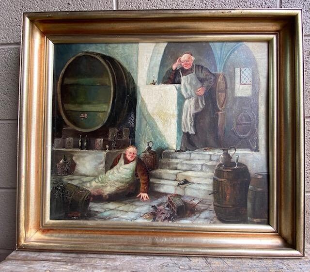 "Drunken Monks in the Wine Cellar" Oil on Board, Signed F. Roters 1954