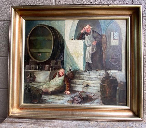 "Drunken Monks in the Wine Cellar" Oil on Board, Signed F. Roters 1954