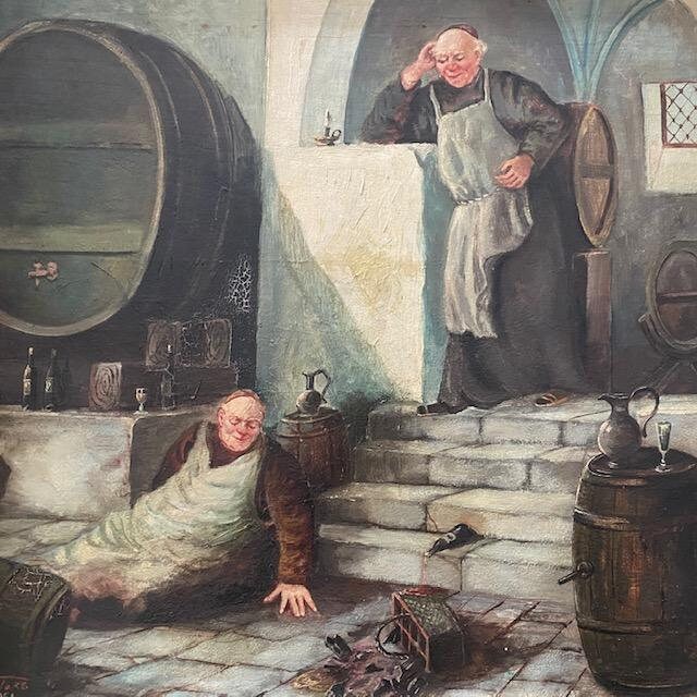 "Drunken Monks in the Wine Cellar" Oil on Board, Signed F. Roters 1954