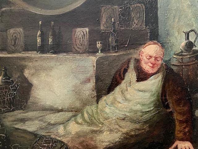 "Drunken Monks in the Wine Cellar" Oil on Board, Signed F. Roters 1954