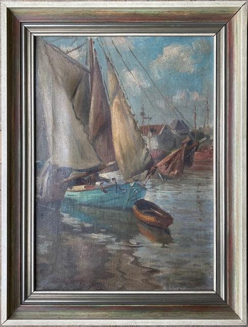 Friedrich Raupp Oil on Canvas, Sailboats in Harbor, 19th Century Marine Painting