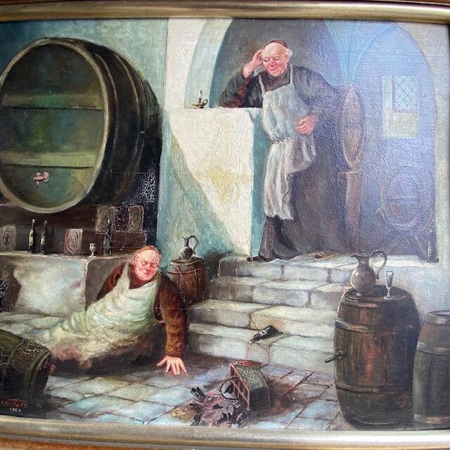 "Drunken Monks in the Wine Cellar" Oil on Board, Signed F. Roters 1954