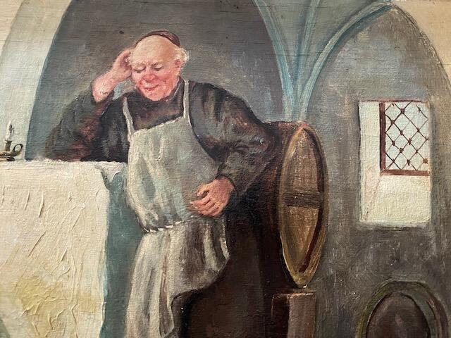 "Drunken Monks in the Wine Cellar" Oil on Board, Signed F. Roters 1954