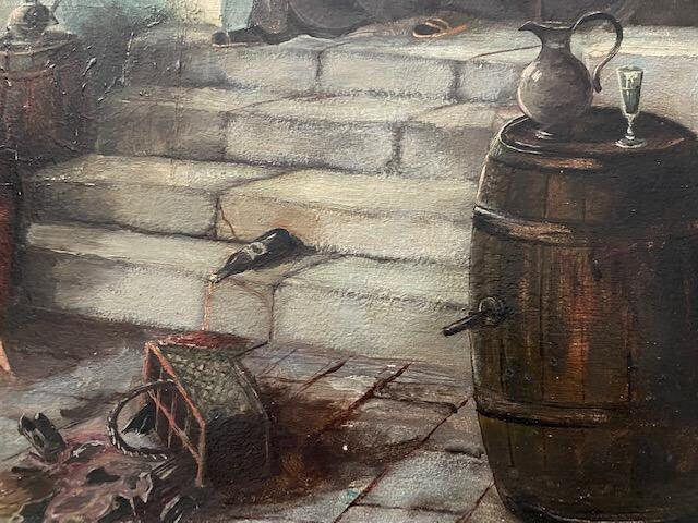 "Drunken Monks in the Wine Cellar" Oil on Board, Signed F. Roters 1954