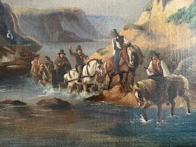 Crossing the River, Oil on Canvas, Old Copy of a Master, Friedrich Gauermann