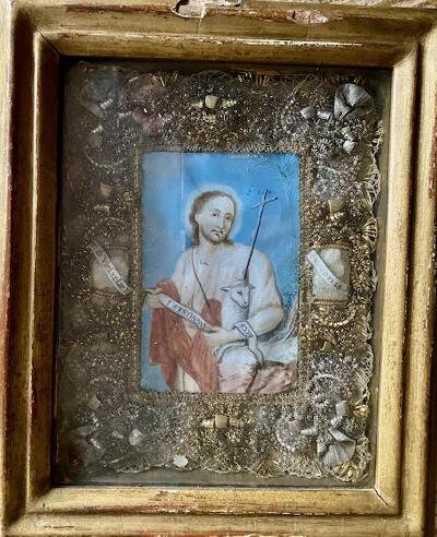Cloister Work Reliquary Painting, Jesus with Lamb, Nuns' Folk Art