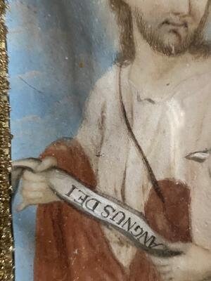 Cloister Work Reliquary Painting, Jesus with Lamb, Nuns' Folk Art