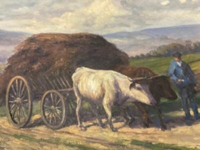Oil on Canvas, Oxen in Field Pulling Harvest, Signed Holtorf 1929