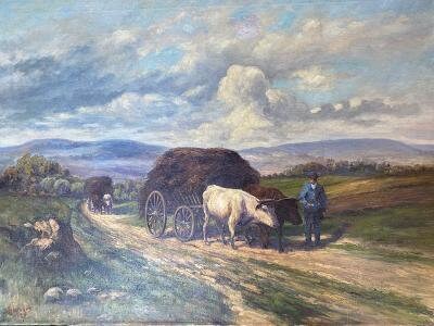 Oil on Canvas, Oxen in Field Pulling Harvest, Signed Holtorf 1929