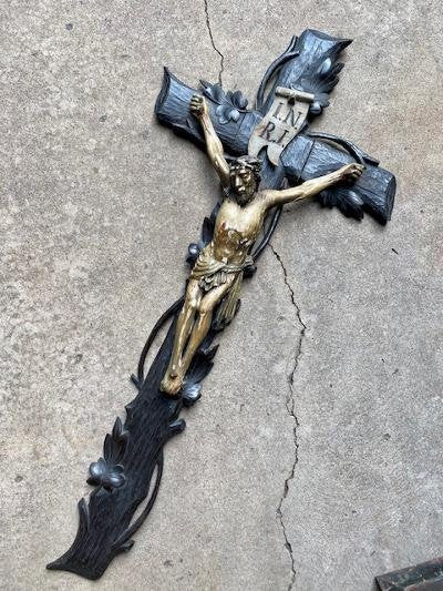 Large Black Forest Bavarian Crucifix, Hand-Carved Faux Bois