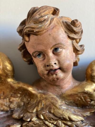 18th Century Large Carved Putti Cherub Angel Mirror, Gessoed Frame