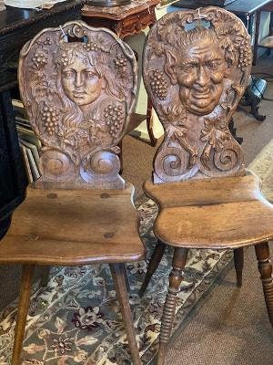 Pair of Circa 1880 German Carved Chairs, God and Goddess of Wine
