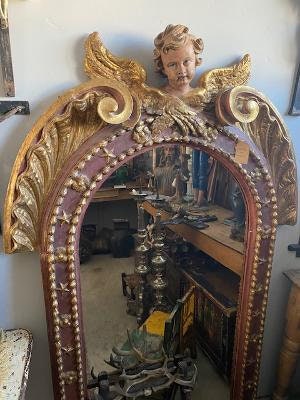 18th Century Large Carved Putti Cherub Angel Mirror, Gessoed Frame