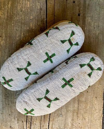 Sioux Beaded Ceremonial Moccasins, Beaded Soles, Painted Parfleche Insoles