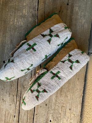 Sioux Beaded Ceremonial Moccasins, Beaded Soles, Painted Parfleche Insoles
