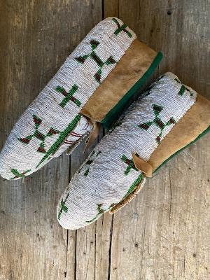 Sioux Beaded Ceremonial Moccasins, Beaded Soles, Painted Parfleche Insoles