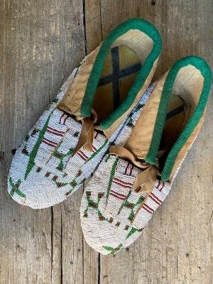 Sioux Beaded Ceremonial Moccasins, Beaded Soles, Painted Parfleche Insoles