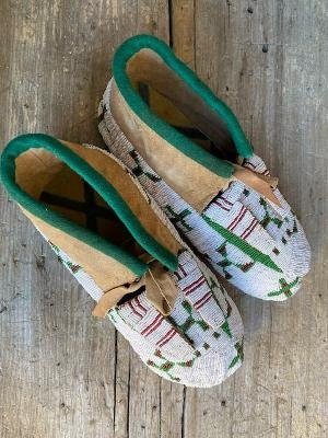 Sioux Beaded Ceremonial Moccasins, Beaded Soles, Painted Parfleche Insoles