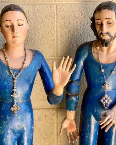 Pair of Large Antique Spanish Santos, Joseph and Mary, Articulated Joints