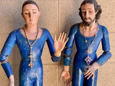 Pair of Large Antique Spanish Santos, Joseph and Mary, Articulated Joints