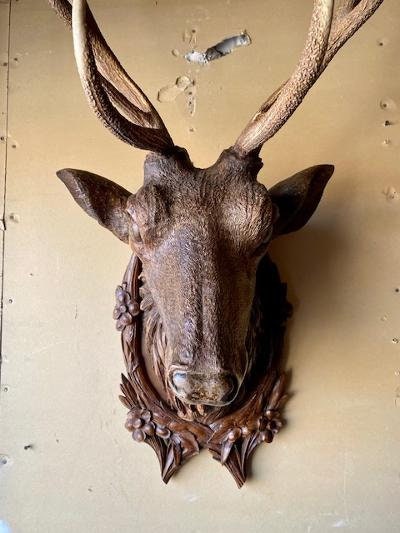 Black Forest Carved Stag Head with Real Antlers, 19th Century