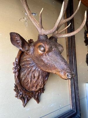 Black Forest Carved Stag Head with Real Antlers, 19th Century